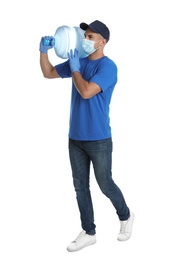 Courier in face mask with bottle of cooler water on white background. Delivery during coronavirus quarantine