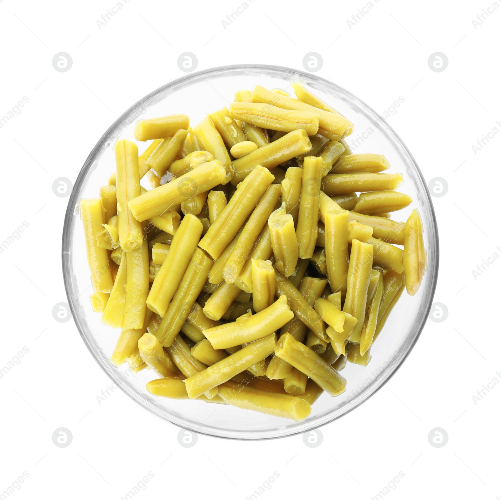 Photo of Canned green beans in bowl isolated on white, top view