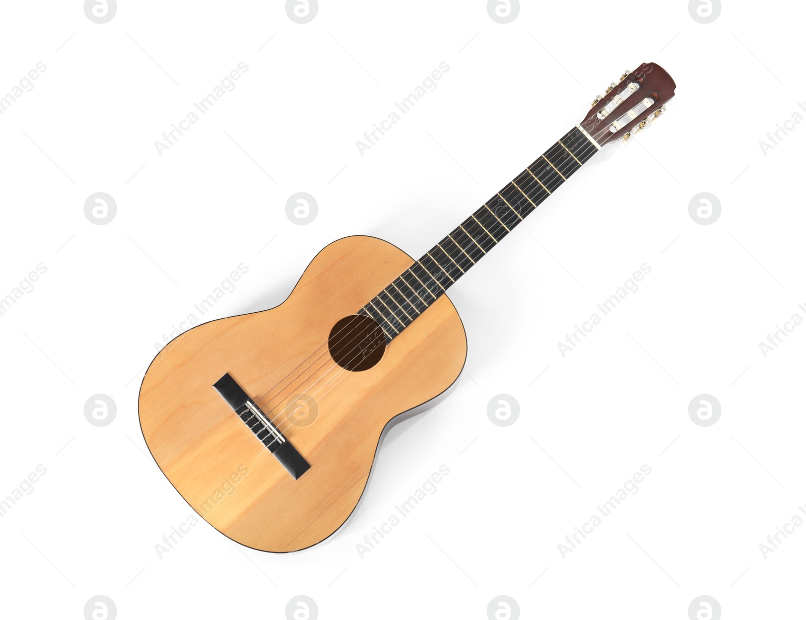 Photo of Acoustic guitar on white background, top view