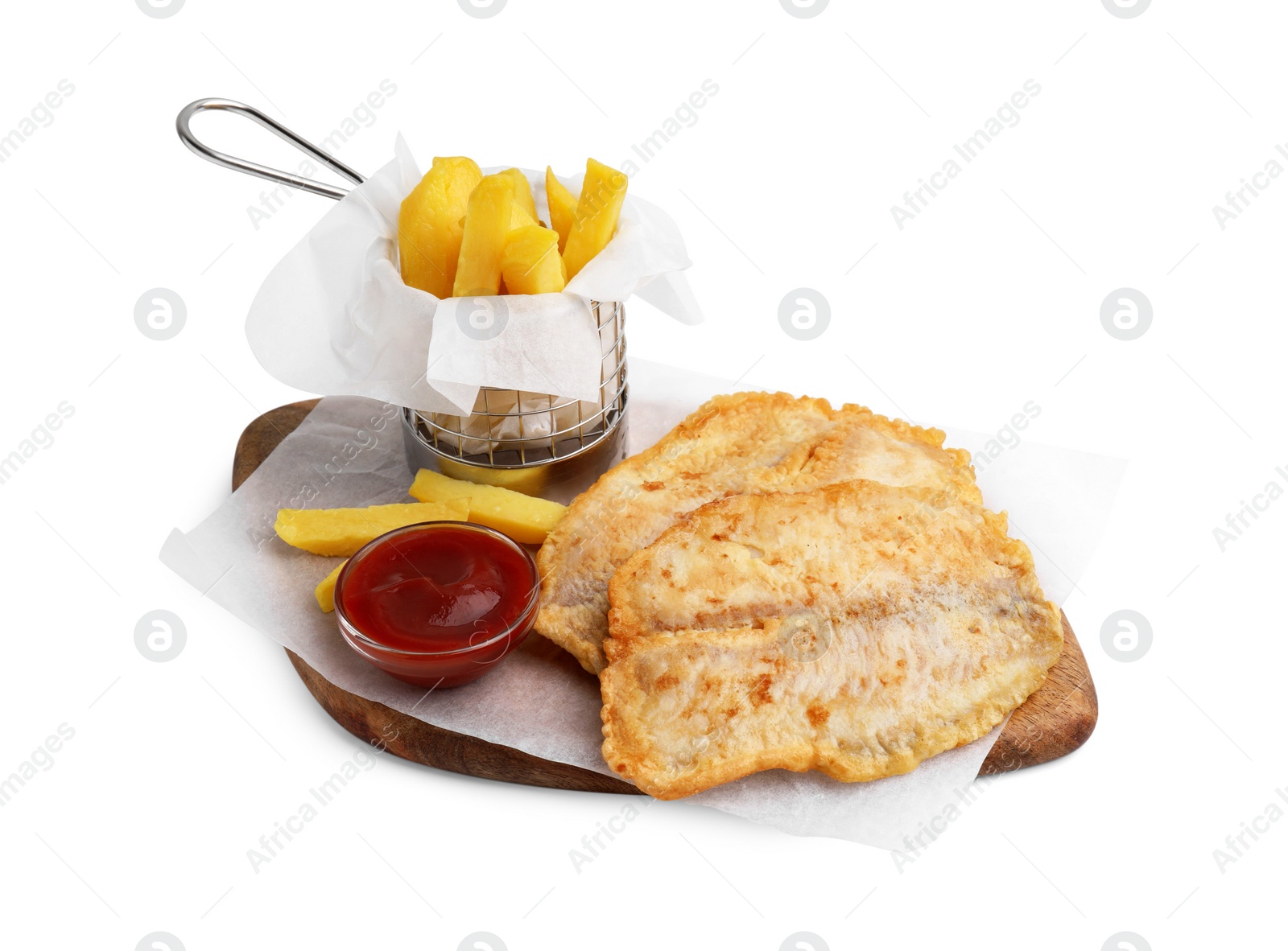 Photo of Delicious fish and chips with ketchup isolated on white