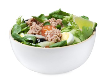 Photo of Bowl of delicious salad with canned tuna and vegetables on white background