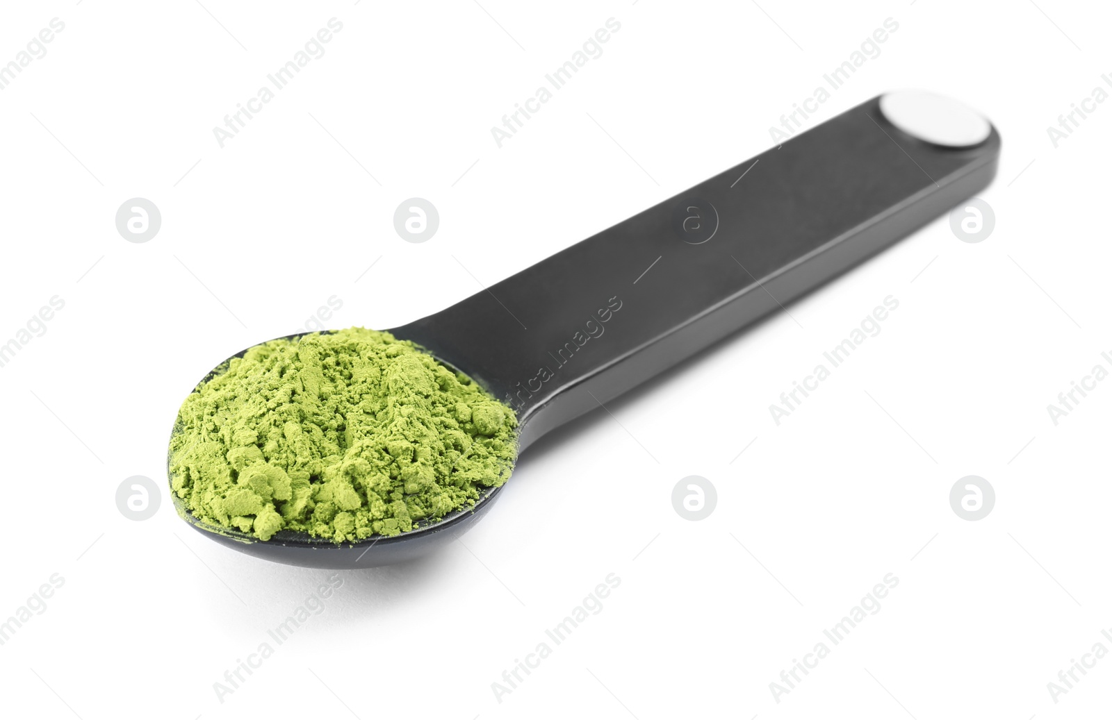 Photo of Spoon with powdered matcha tea on white background