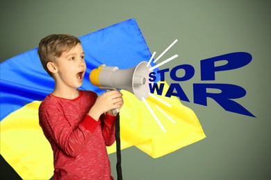 Image of Stop war in Ukraine. Little boy with megaphone and Ukrainian national flag on color background