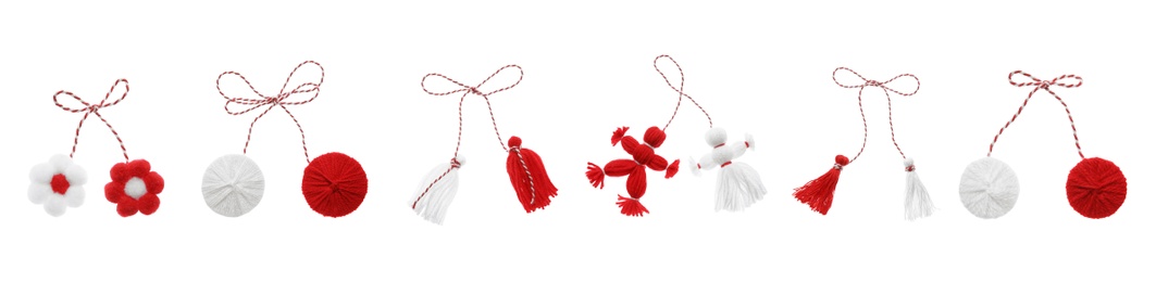 Set with traditional martenitsi in different shapes on white background, banner design. Symbol of first spring day (Martisor celebration)