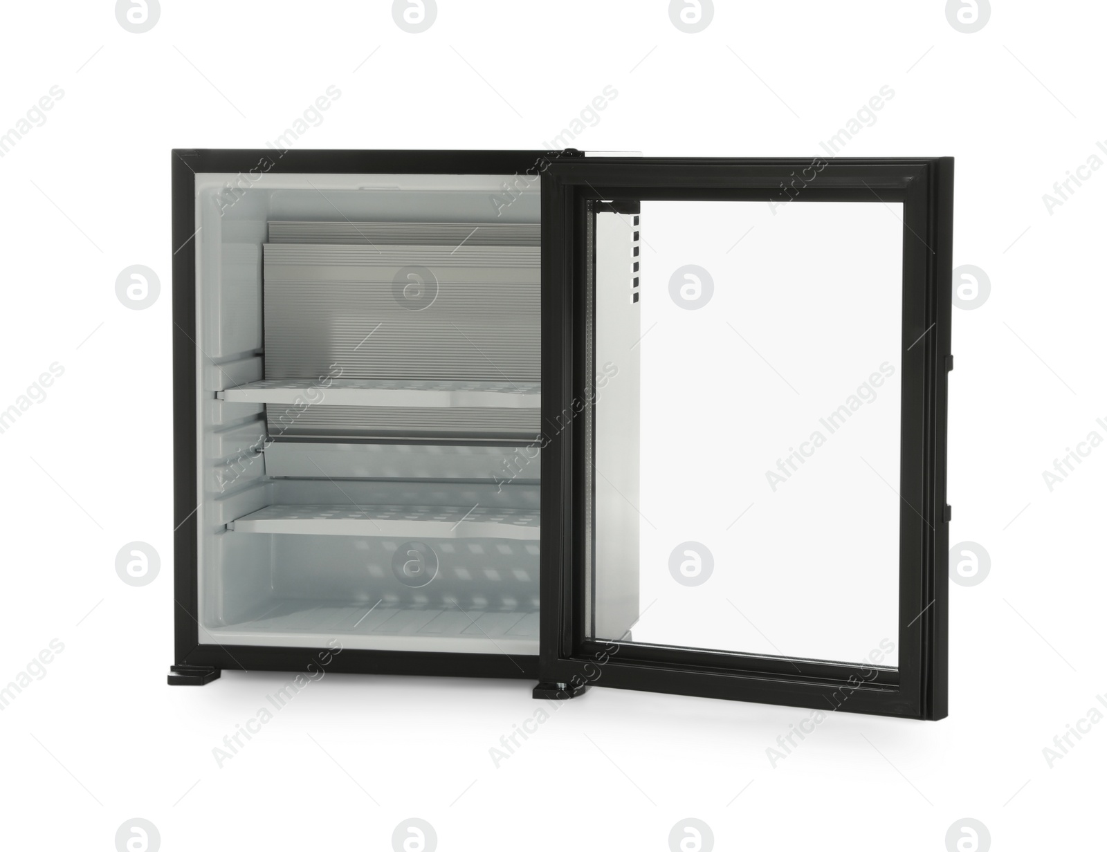 Photo of Empty mini bar with open glass door isolated on white