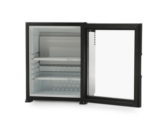 Empty mini bar with open glass door isolated on white