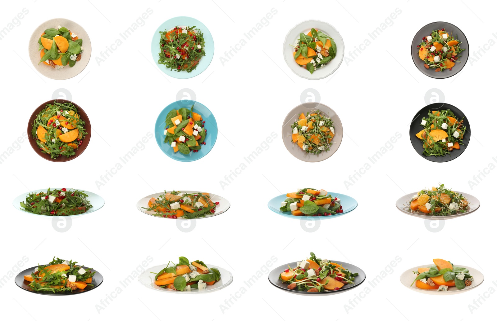 Image of Set of tasty persimmon salads on white background