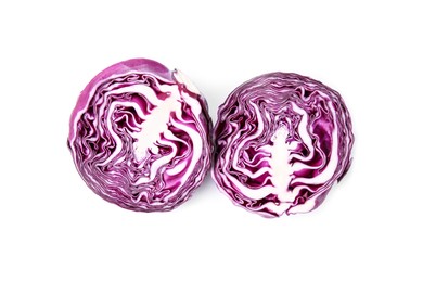 Photo of Cut fresh red cabbage isolated on white, top view