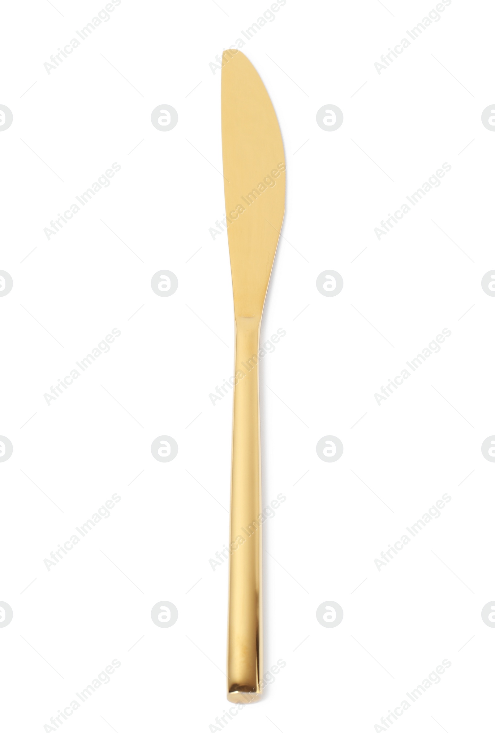 Photo of Stylish clean gold knife on white background, top view