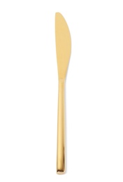 Photo of Stylish clean gold knife on white background, top view