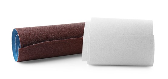 Photo of Two rolled sheets of sandpaper isolated on white