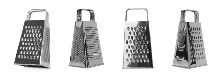 Image of Stainless steel graters on white background, collage. Banner design 