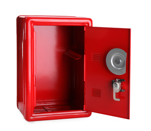 Photo of Open red steel safe isolated on white