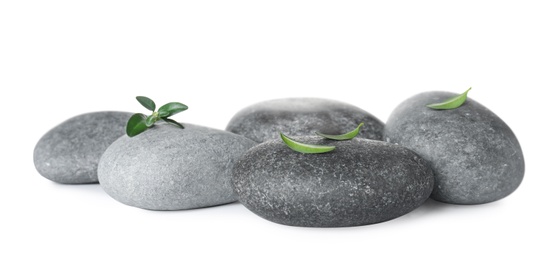 Photo of Grey spa stones and fresh green leaves isolated on white