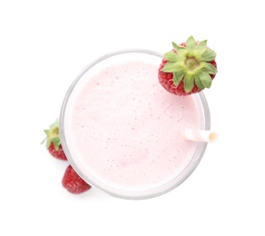 Photo of Tasty fresh milk shake and strawberries on white background, top view
