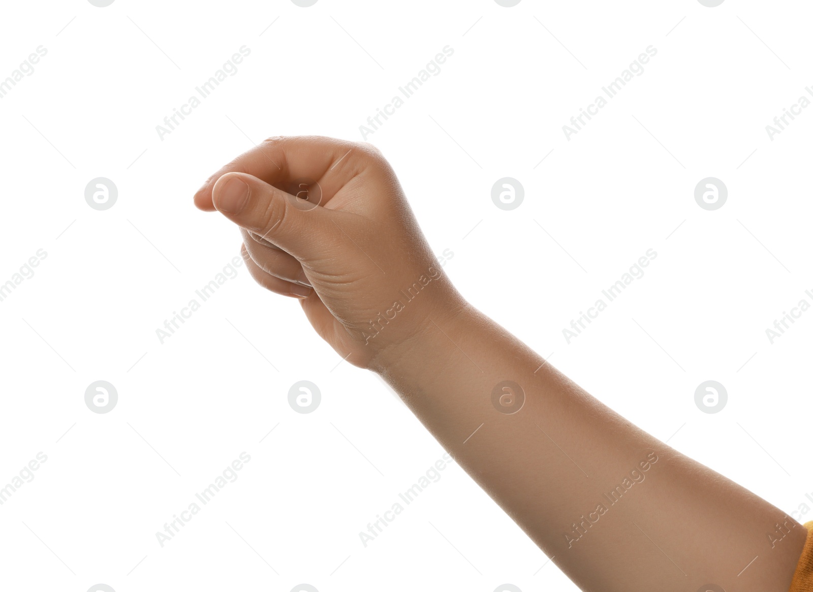 Photo of Little child against white background, closeup on hand