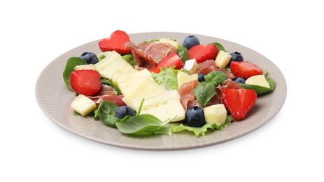 Photo of Tasty salad with brie cheese, prosciutto and berries isolated on white