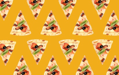 Image of Seafood pizza slices on yellow background. Pattern design 