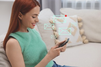 Image of Smiling woman with smartphone chatting indoors. Many illustrations of envelope as incoming messages over device