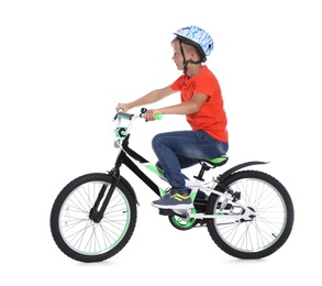 Portrait of cute little boy with bicycle on white background