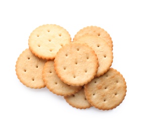 Photo of Delicious crispy crackers isolated on white, top view