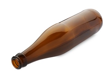 Photo of One empty brown beer bottle isolated on white