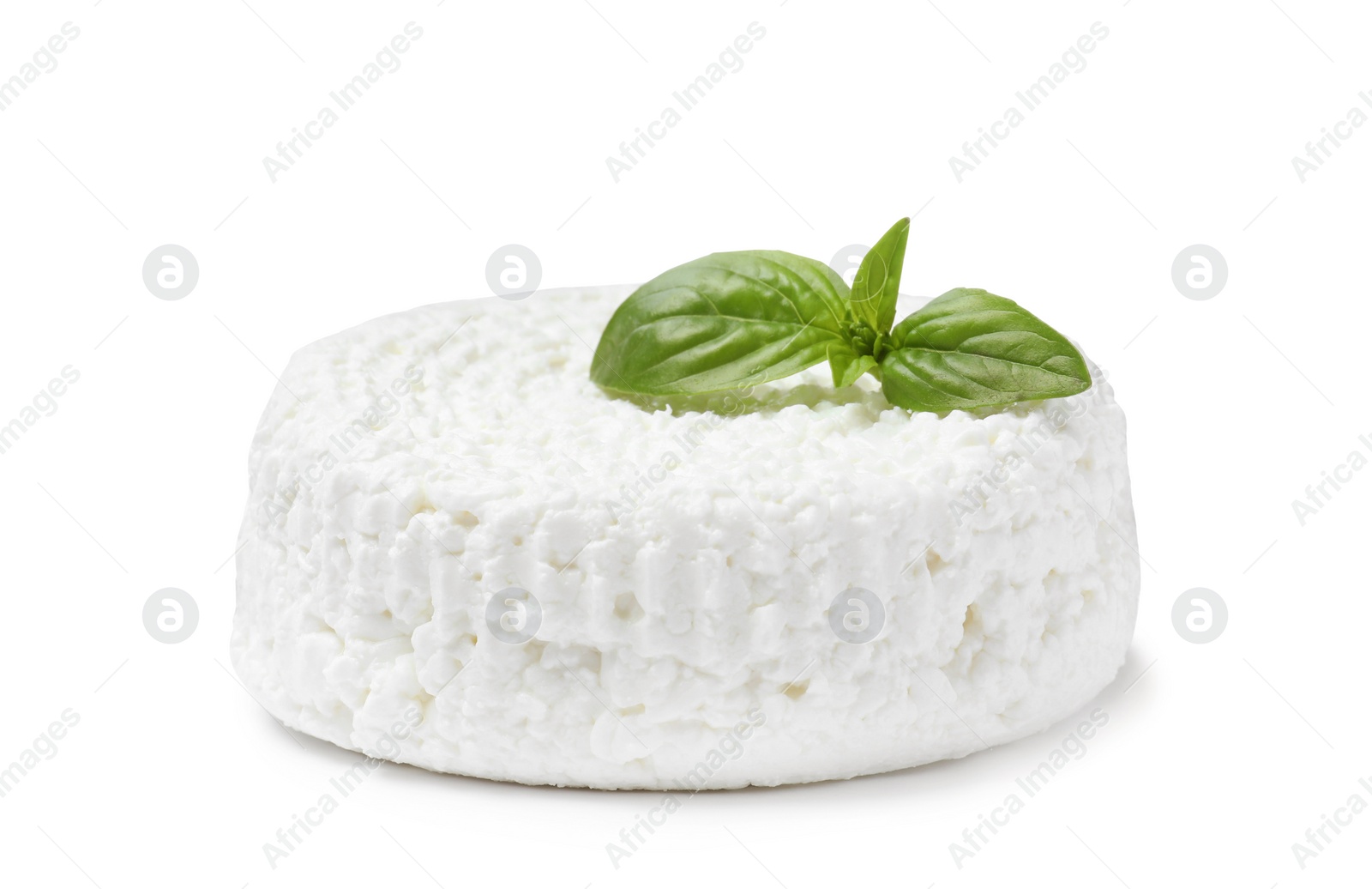 Photo of Fresh cottage cheese with basil isolated on white