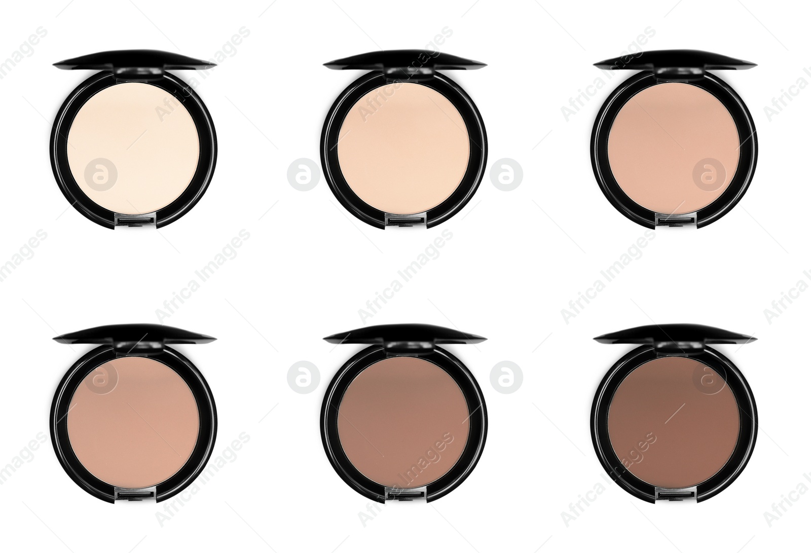 Image of Compact face powders of different shades isolated on white, collection. Top view