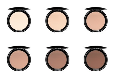 Image of Compact face powders of different shades isolated on white, collection. Top view