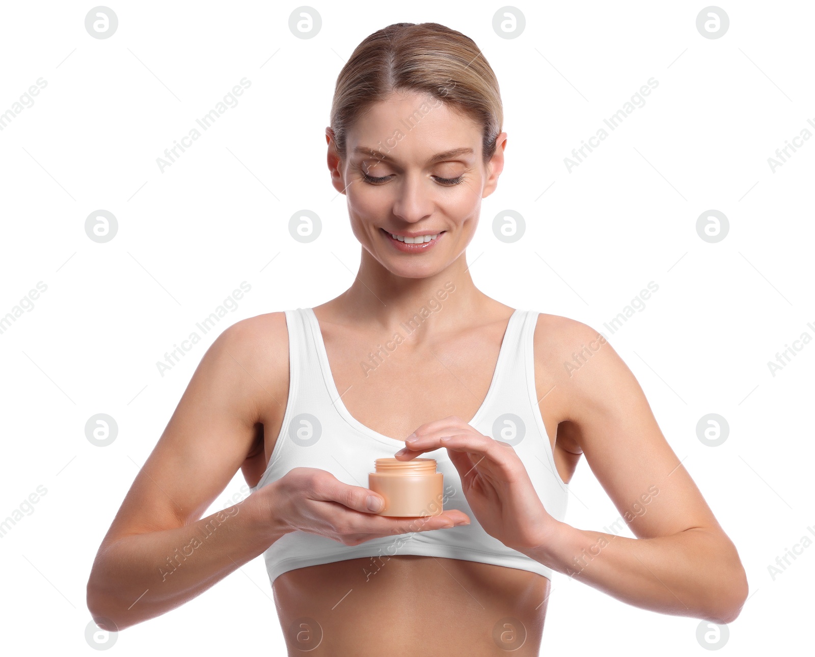Photo of Woman with jar of body cream on white background