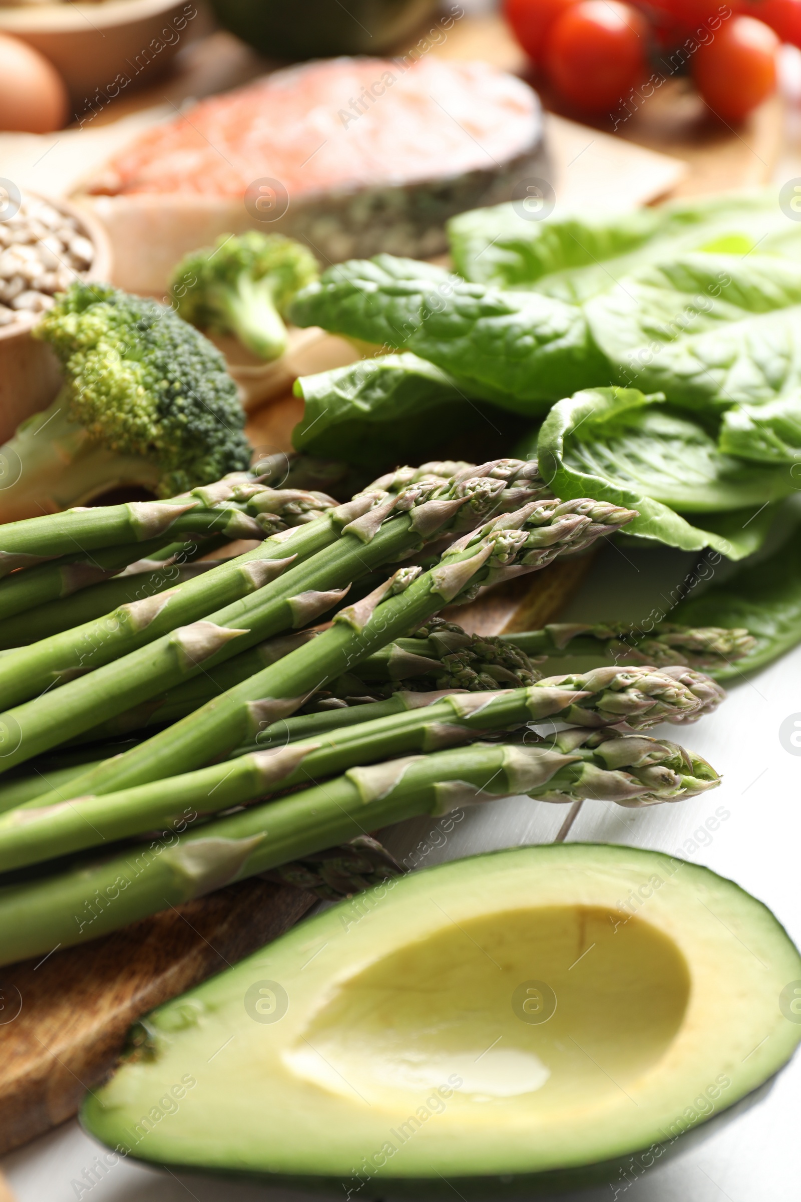 Photo of Many different healthy food on white table, closeup