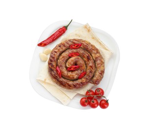 Delicious homemade sausage with chili pepper, tomatoes and lavash isolated on white, top view