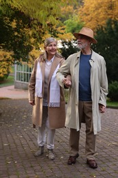 Affectionate senior couple walking in autumn park