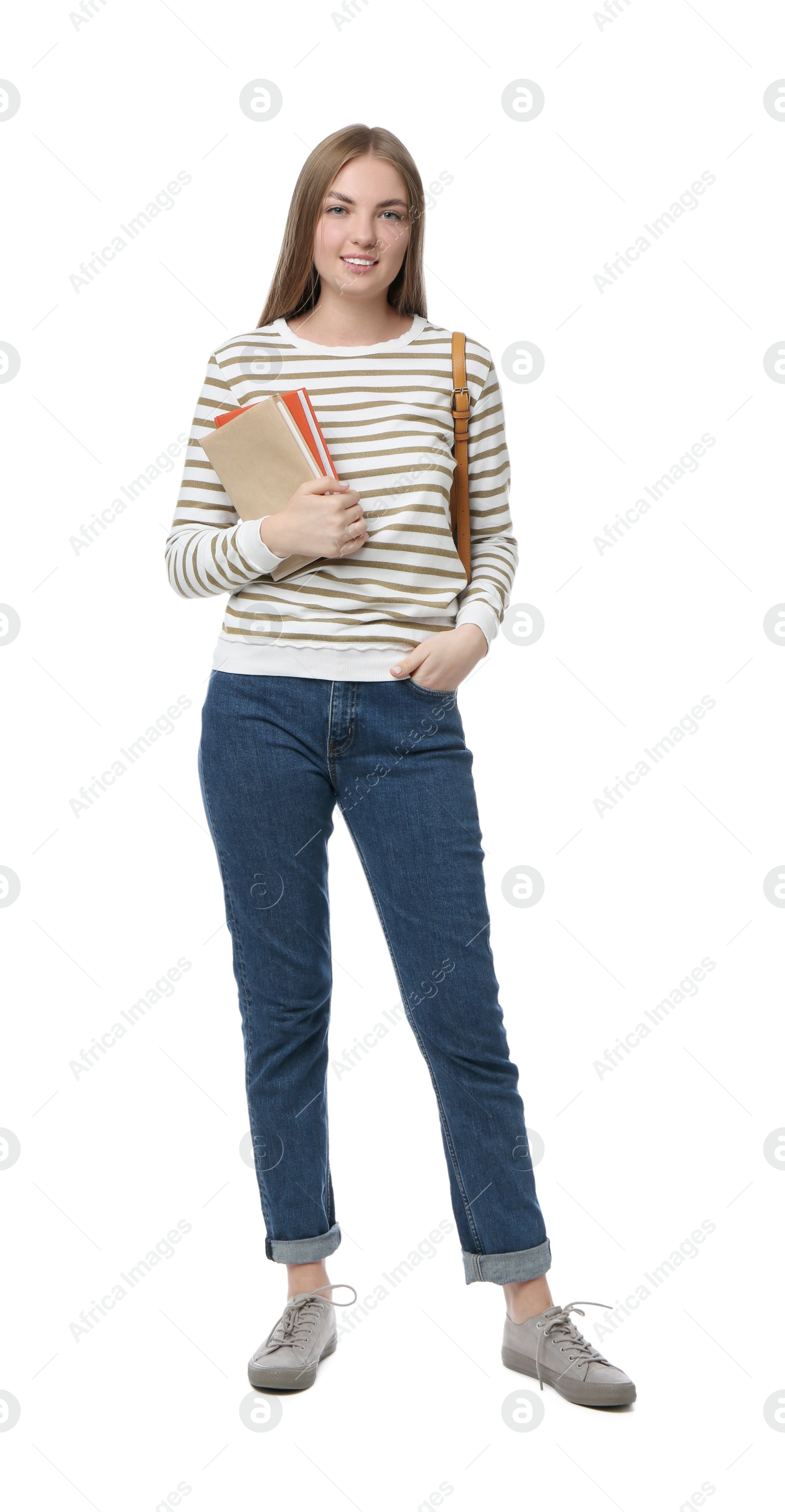 Photo of Teenage student with backpack and books on white background