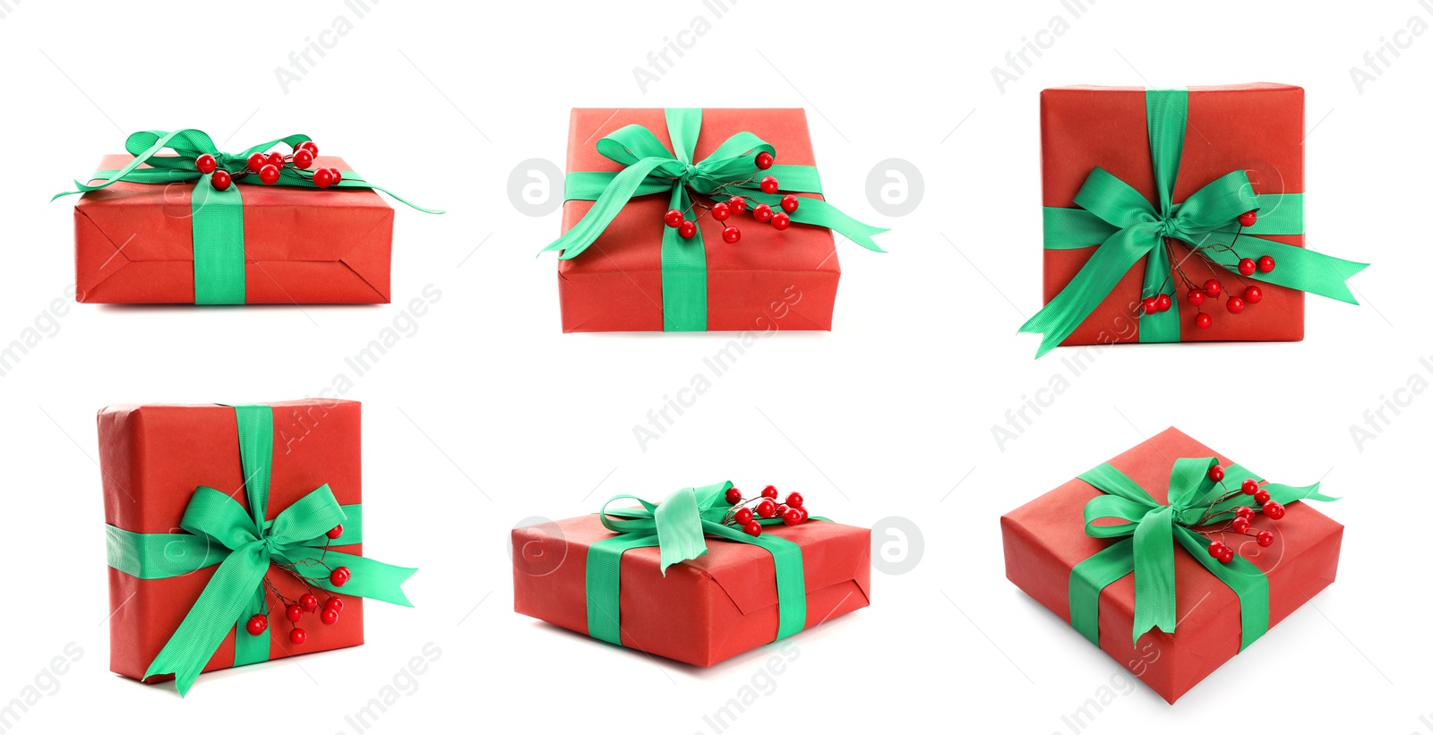 Image of Collage with Christmas gift box on white background, views from different sides. Banner design 