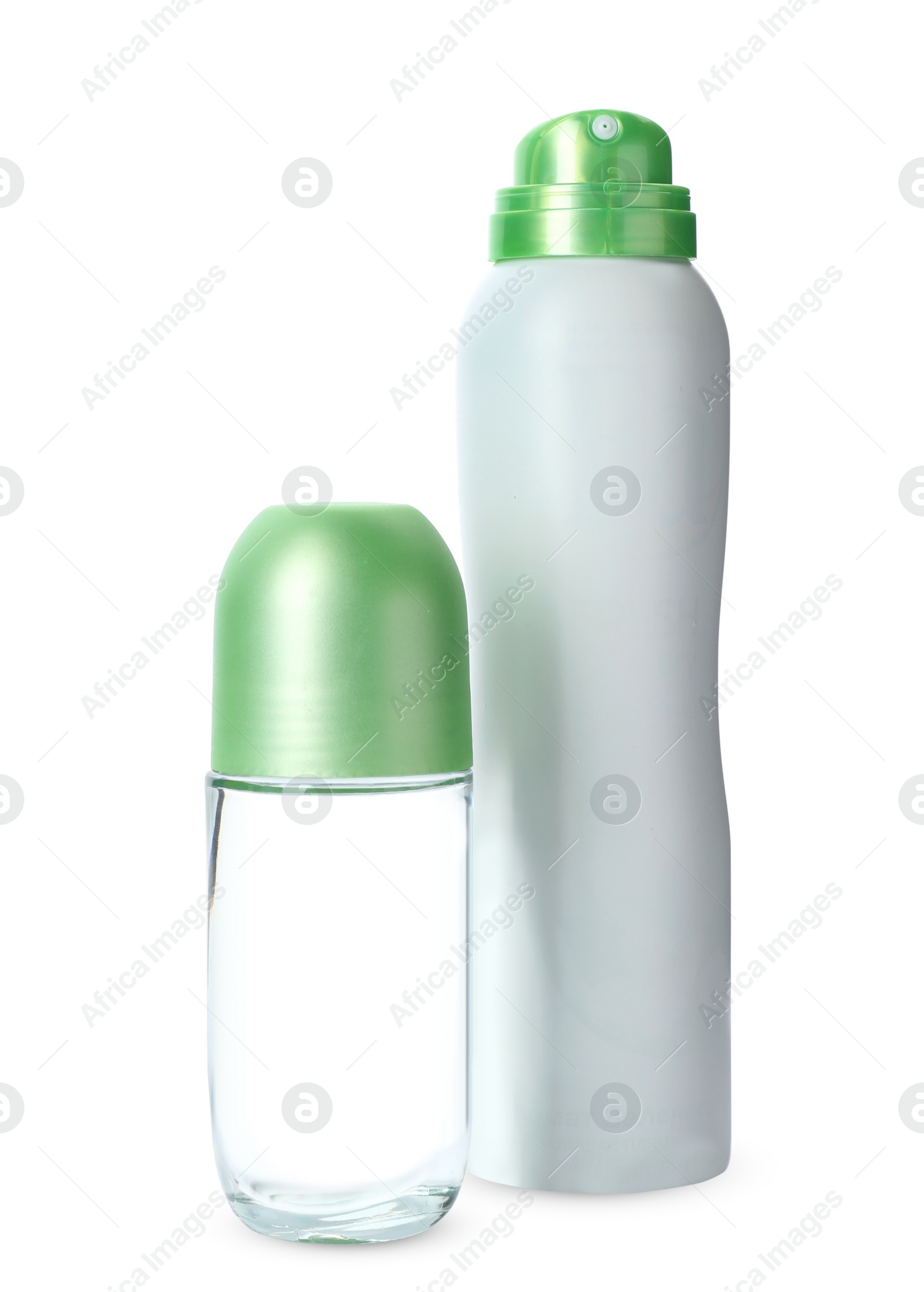 Photo of Different deodorants on white background. Skin care