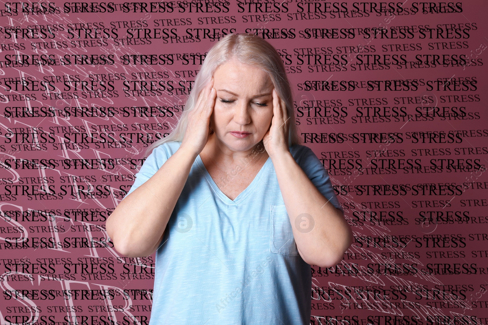 Image of Mature woman suffering from depression and words STRESS on color background