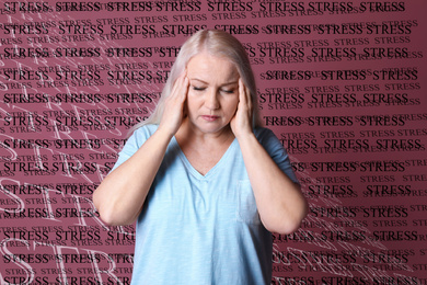 Image of Mature woman suffering from depression and words STRESS on color background