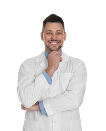 Happy man in lab coat on white background