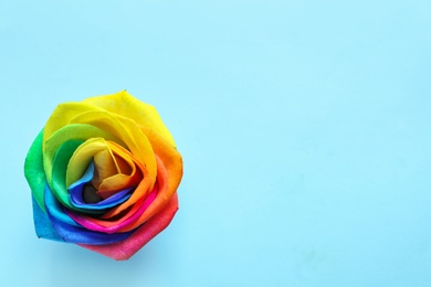 Photo of Amazing rainbow rose flower on color background