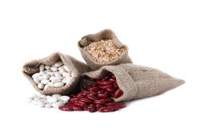 Different types of legumes on white background. Organic grains