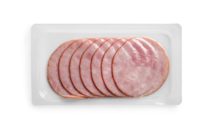 Photo of Tasty sliced ham in plastic pack isolated on white, top view