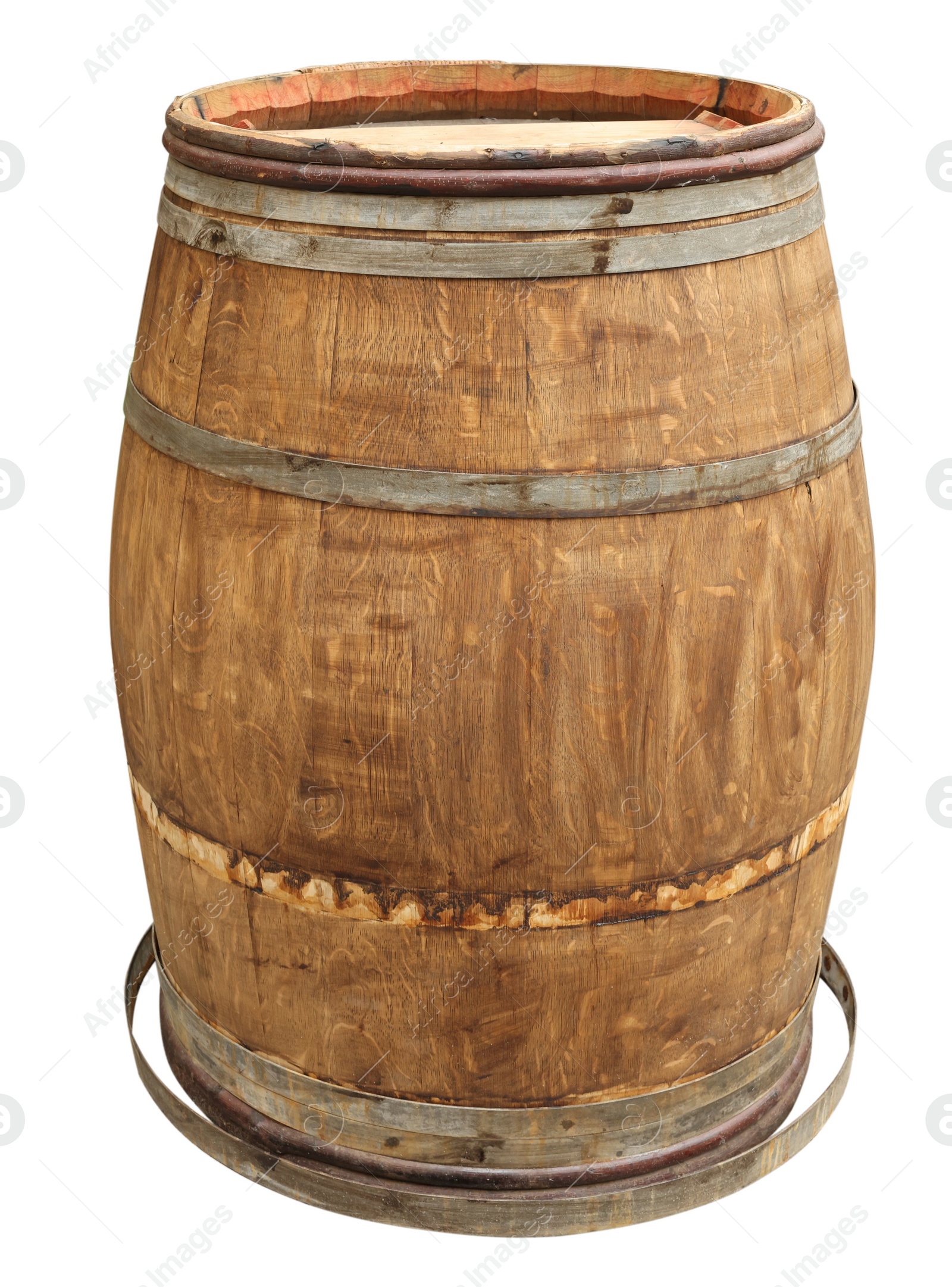 Image of One wooden barrel with metal hoops isolated on white