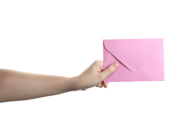 Woman holding pink paper envelope on white background, closeup