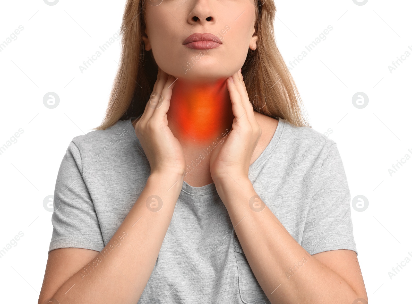 Image of Endocrine system. Woman doing thyroid self examination on white background, closeup