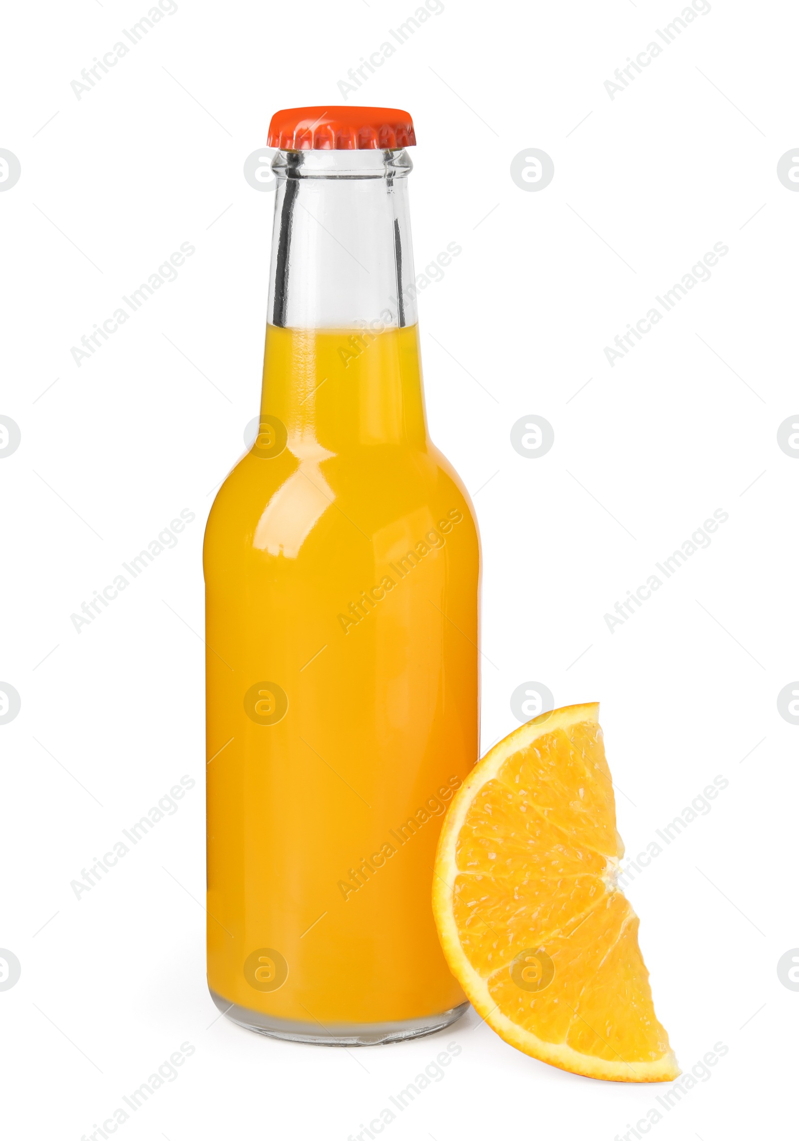 Photo of Delicious kombucha in glass bottle and orange isolated on white