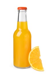 Delicious kombucha in glass bottle and orange isolated on white