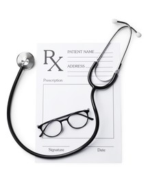 Photo of Medical prescription form, stethoscope and glasses on white background, top view