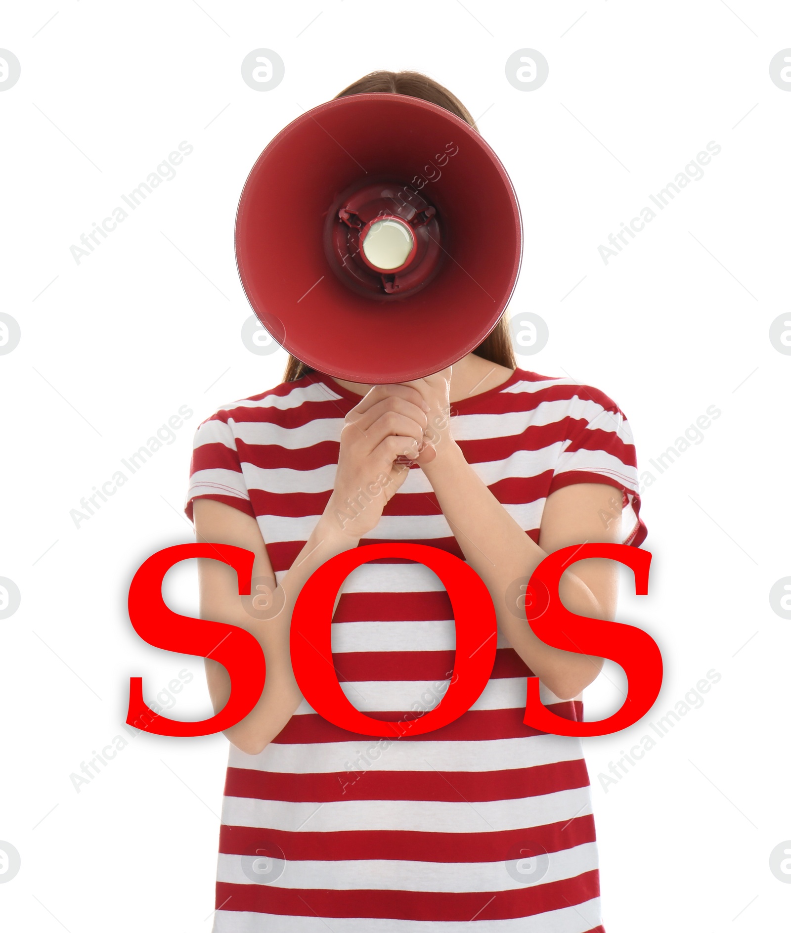 Image of Woman with megaphone and word SOS on white background. Asking for help