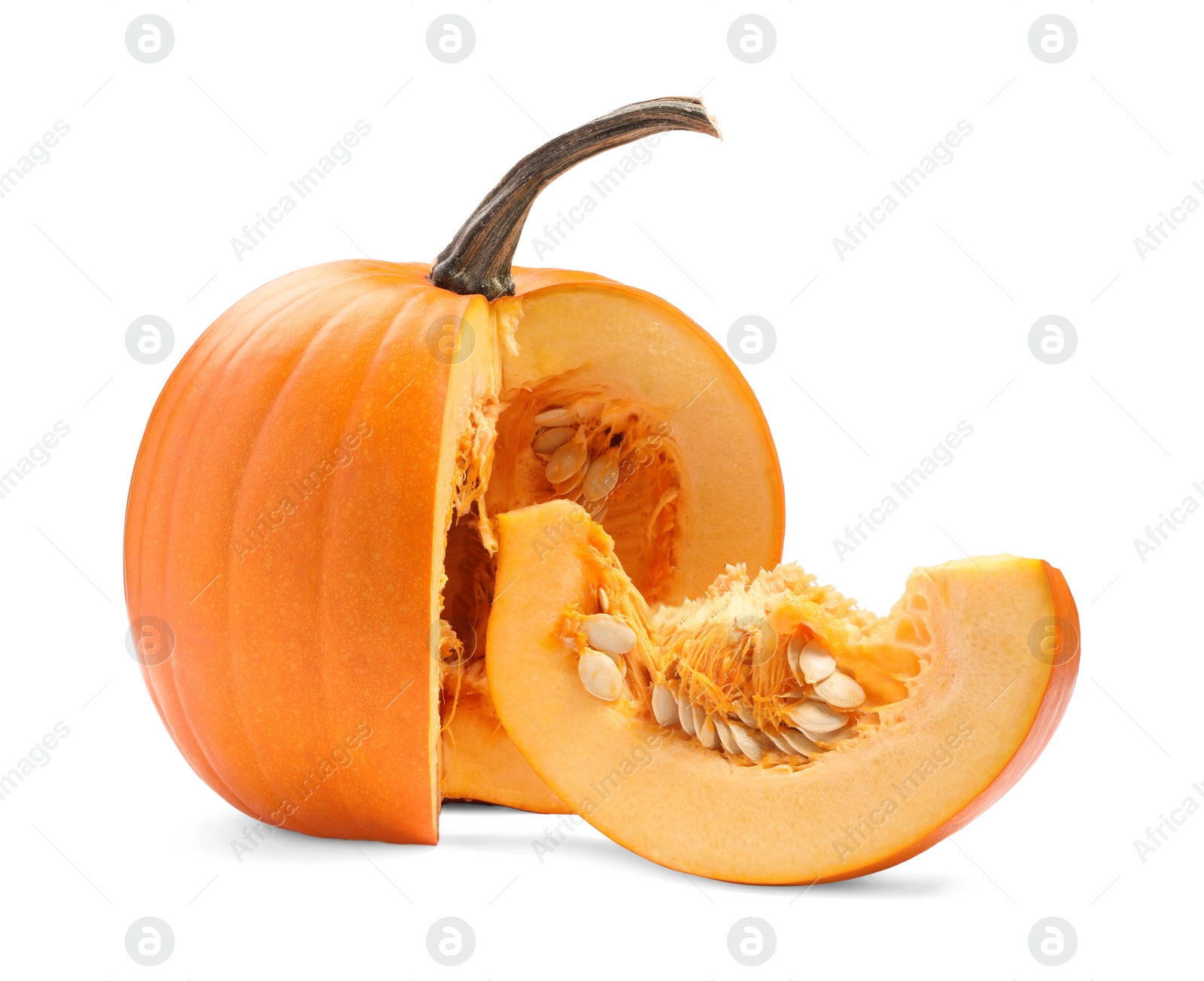 Photo of Cut fresh ripe pumpkin isolated on white